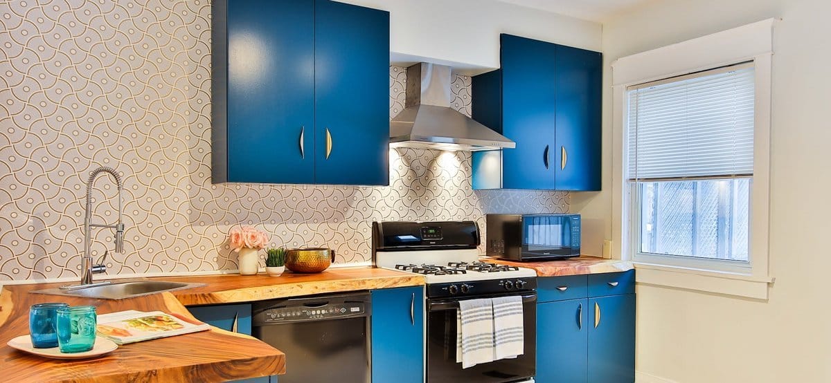 blue kitchen cabinets - how long does it take to remodel a kitchen
