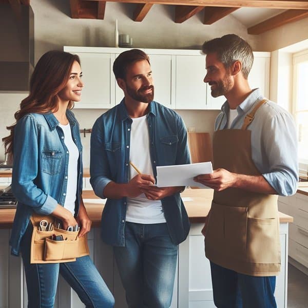 Happy Los Angeles couple meeting with contractor