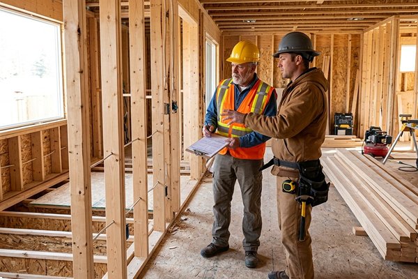 Building inspector reviewing framing with a contractor on a home renovation